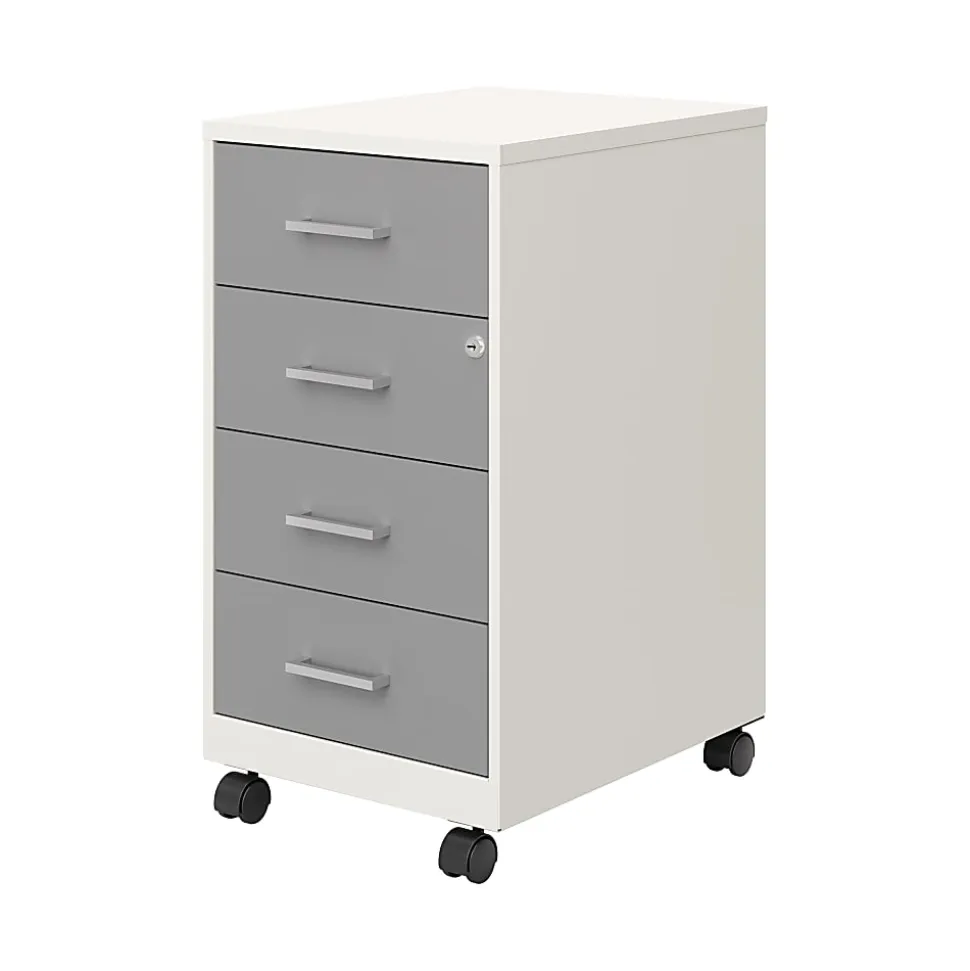 Space Solutions SOHO 18" Deep 4 Drawer Metal Mobile Organizer, 4 Box Drawers, Locking- Pearl White/Arctic Silver