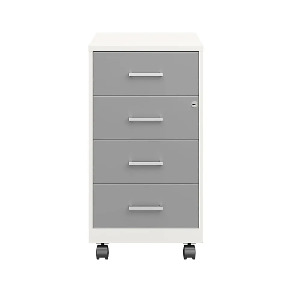 Space Solutions SOHO 18" Deep 4 Drawer Metal Mobile Organizer, 4 Box Drawers, Locking- Pearl White/Arctic Silver