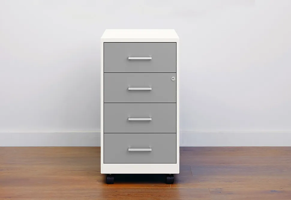 Space Solutions SOHO 18" Deep 4 Drawer Metal Mobile Organizer, 4 Box Drawers, Locking- Pearl White/Arctic Silver