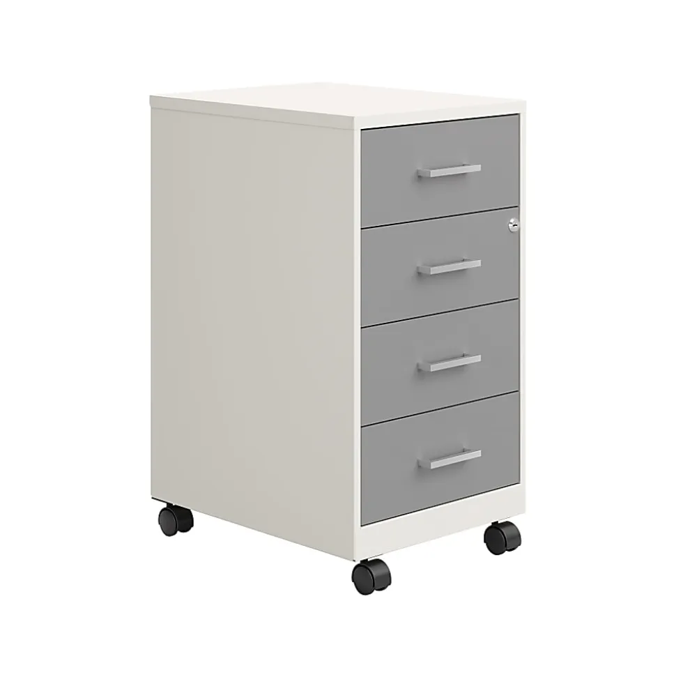 Space Solutions SOHO 18" Deep 4 Drawer Metal Mobile Organizer, 4 Box Drawers, Locking- Pearl White/Arctic Silver