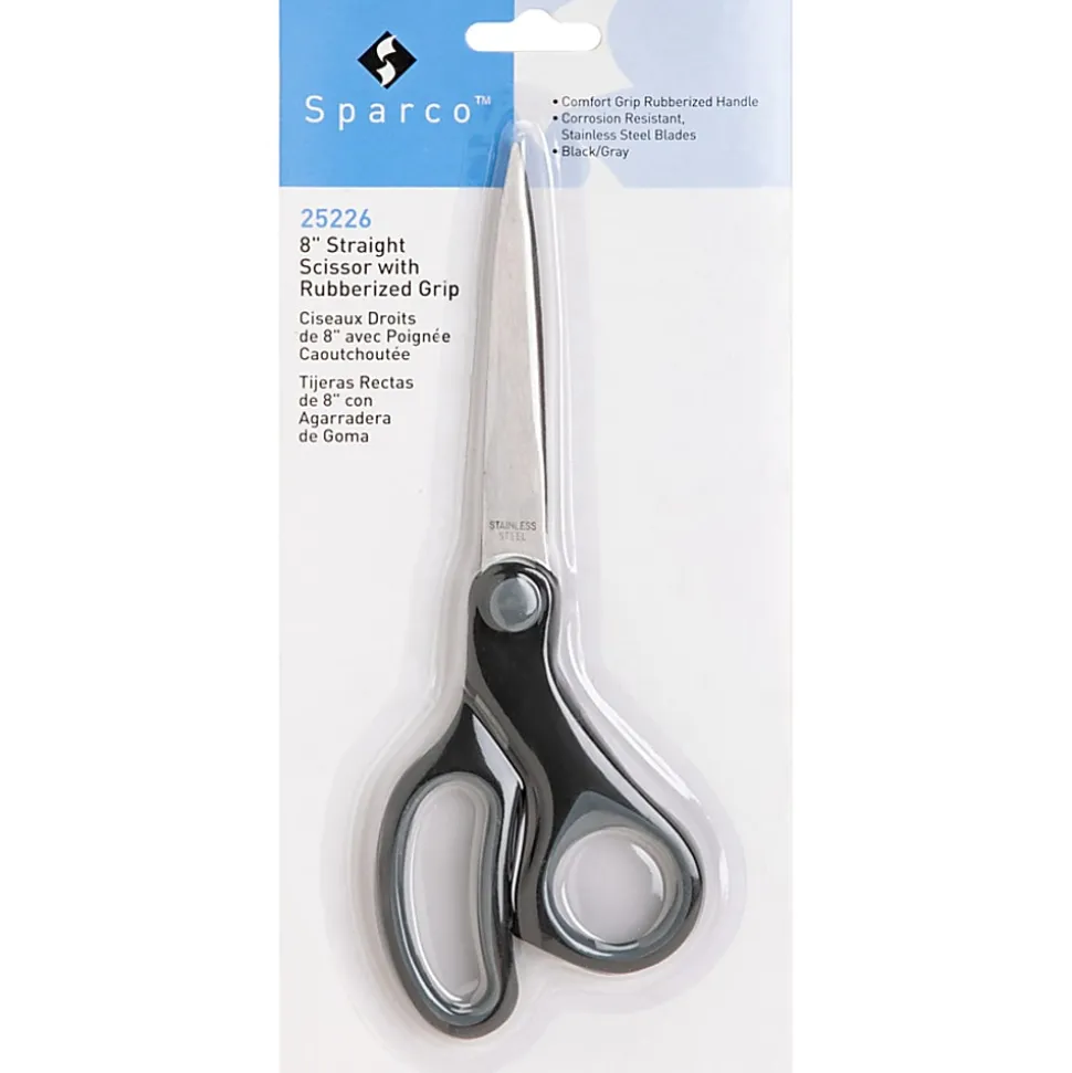 Sparco Rubber Handle Scissors, 8", Pointed, Black/Gray