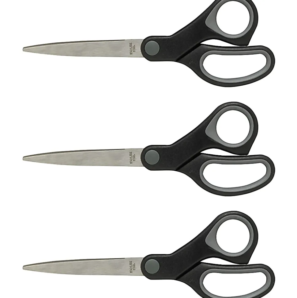 Sparco Straight Scissors w/Rubber Grip Handle - 8" Overall Length - Straight - Stainless Steel - Black, Gray - 3 / Bundle