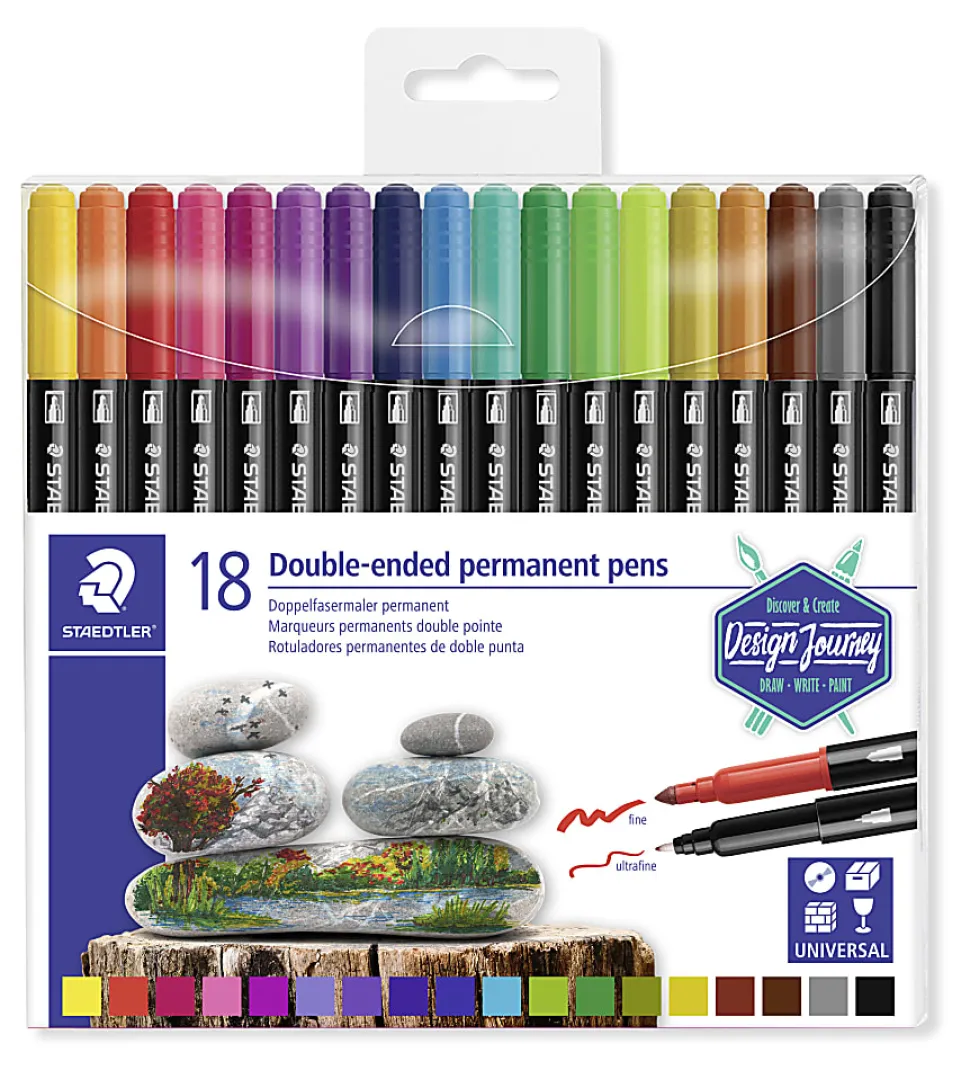 Staedtler Duo-Ended Markers, Fine/Ultra-Fine Points, Black Barrels, Assorted Ink Colors, Pack Of 18 Markers
