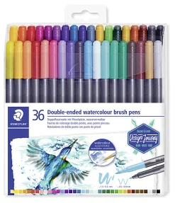 Staedtler Duo-Ended Markers, Watercolor, Brush Tip/Fine Tip, Black Barrels, Assorted Ink Colors, Pack Of 36 Markers
