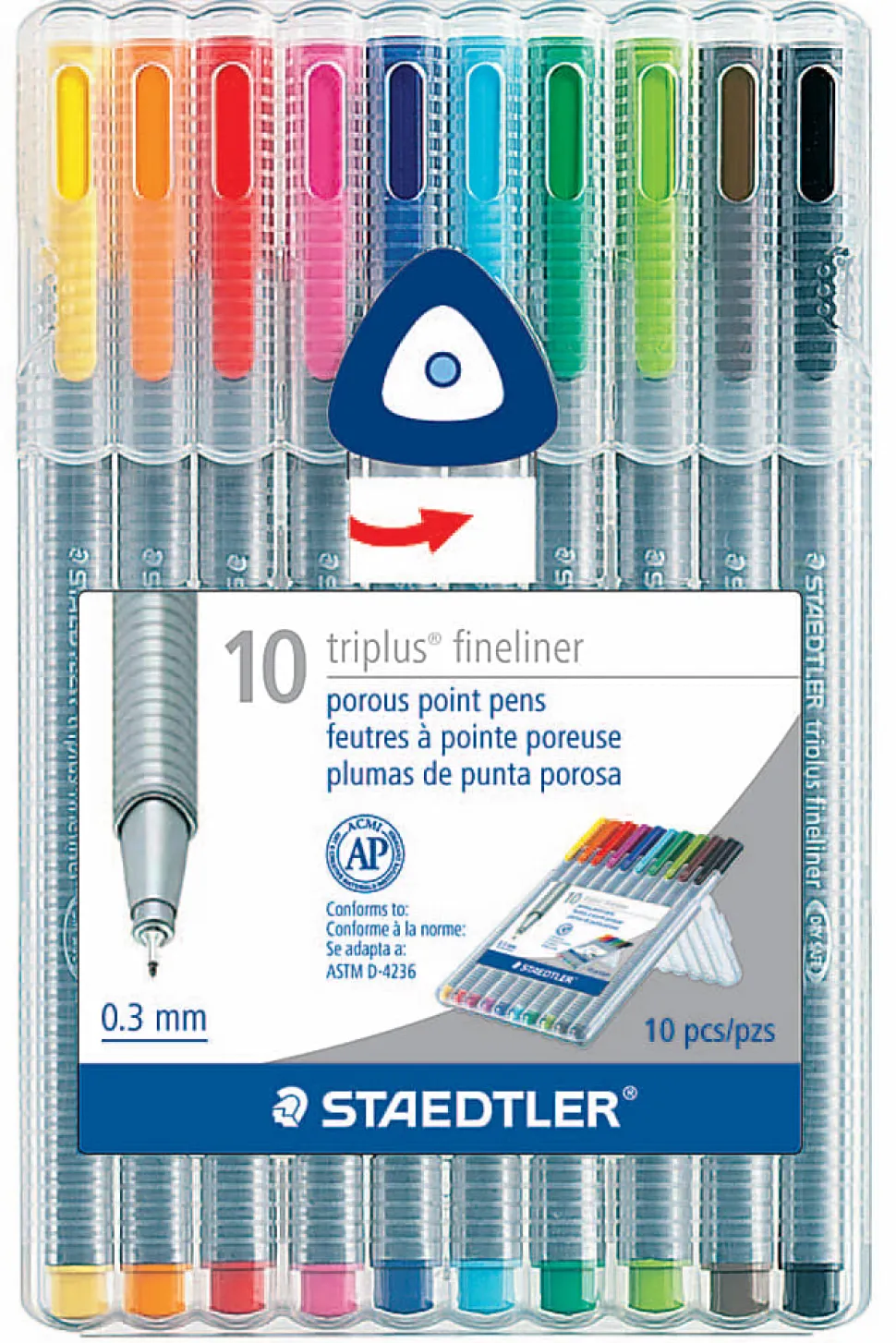 Staedtler® Triplus Fineliner Porous Point Pens, Fine Point, 0.3 mm, Gray Barrel, Assorted Ink Colors, Pack Of 10