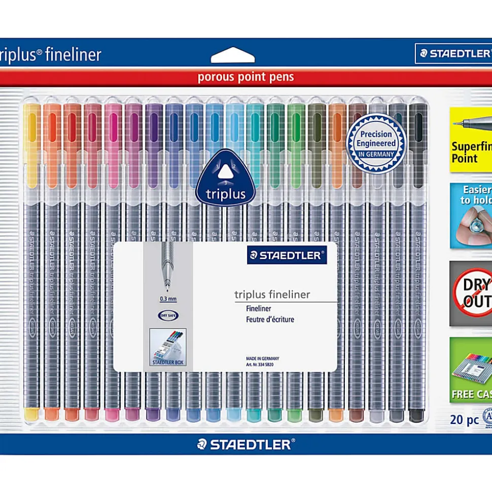 Staedtler® Triplus Fineliner Porous Point Pens, Fine Point, 0.3 mm, Gray Barrel, Assorted Ink Colors, Pack Of 20