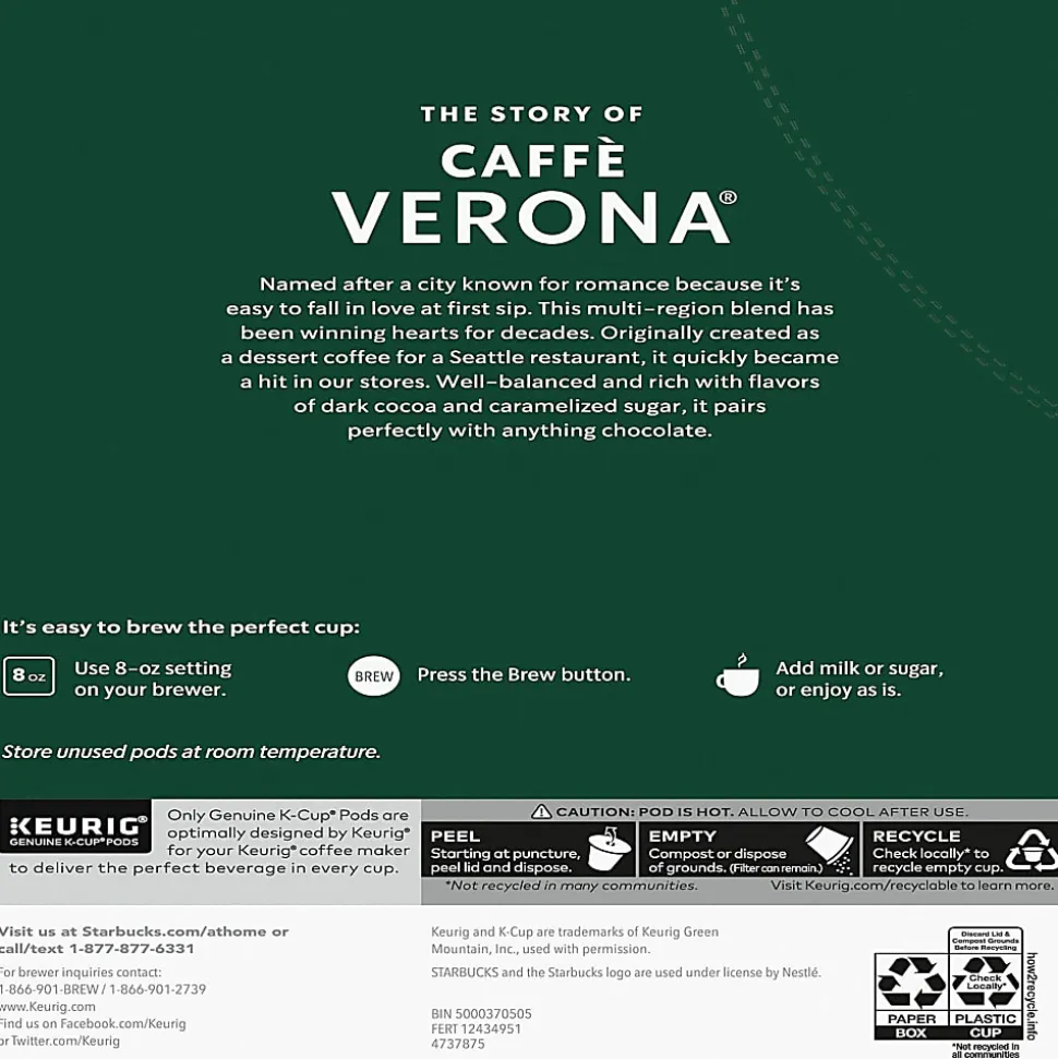 Starbucks® K-Cup Caffe Verona Coffee - Compatible with Keurig Brewer - K-Cup - Caffe Verona - 24/Box - 4 / Carton