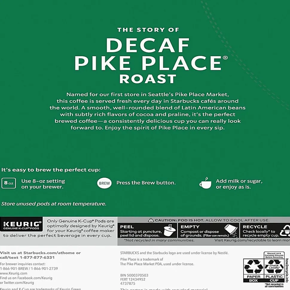 Starbucks® K-Cup Decaf Pike Place Roast Coffee, 24/Pack, 4/Box, 12434952CT