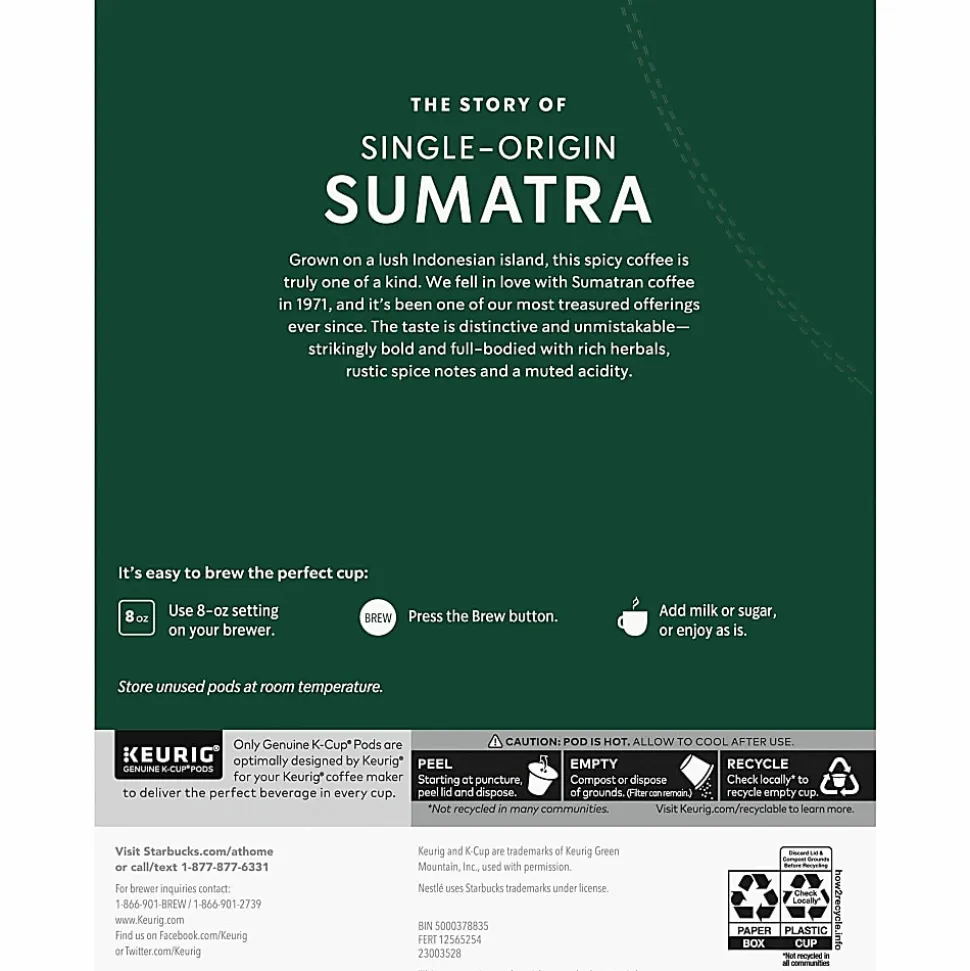 Starbucks® K-Cup Sumatra Coffee - Compatible with Keurig Brewer - Dark - K-Cup - Sumatra - 24 / Box