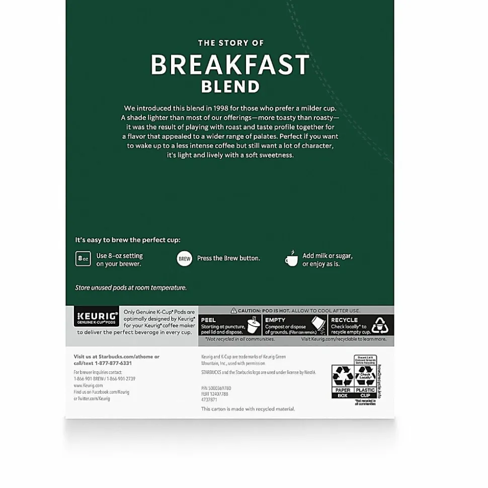 Starbucks® Single-Serve Coffee K-Cup®, Breakfast Blend, Carton Of 24