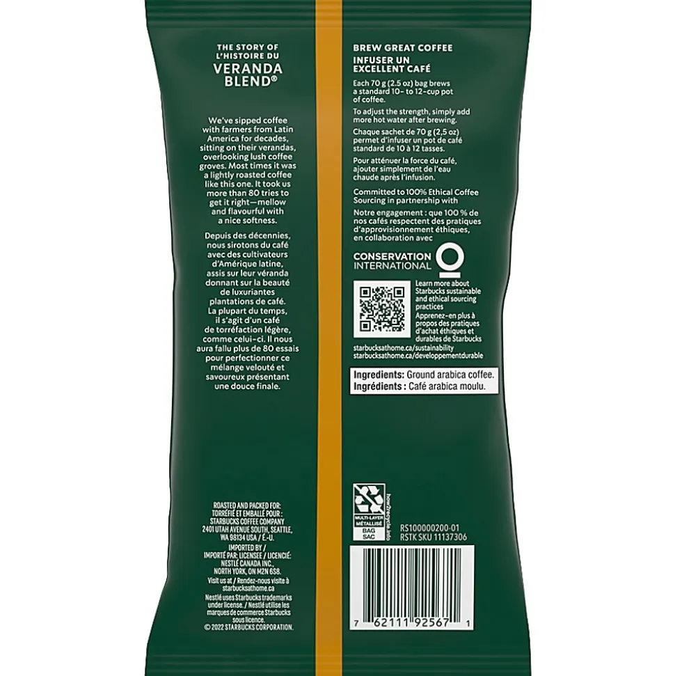 Starbucks® Veranda Ground Roast Coffee Single-Serve Packets, Premium Blonde, 2.5 Oz Per Bag, Carton Of 18