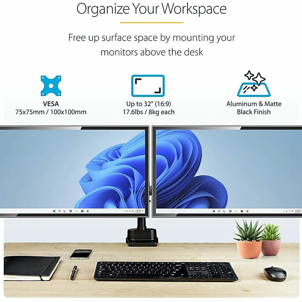StarTech.com Desk Mount Dual Monitor Arm - Full Motion Monitor Mount for 2x VESA Displays up to 32" (17lb/8kg)