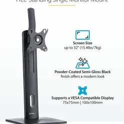 StarTech.com Free Standing Single Monitor Mount, Height Adjustable Ergonomic Monitor Desk Stand, For VESA Mount Displays up to 32