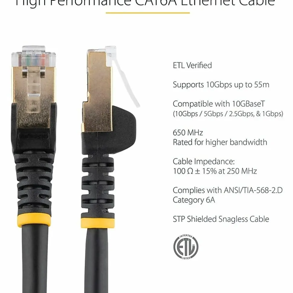 StarTech.com 9ft Black Cat6a Shielded Patch Cable - Cat6a Ethernet Cable - 9 ft Cat 6a STP Cable - Snagless RJ45 Ethernet Cord - C6ASPAT9BK