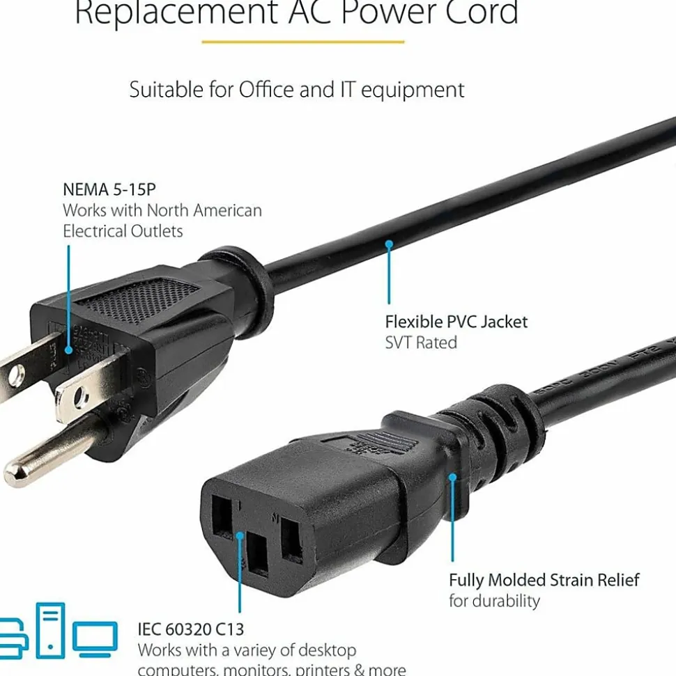 StarTech.com 12ft (3.6m) Computer Power Cord, NEMA 5-15P to C13, 10A 125V 18AWG, Black Replacement AC PC Power Cord TV/Monitor Power Cable