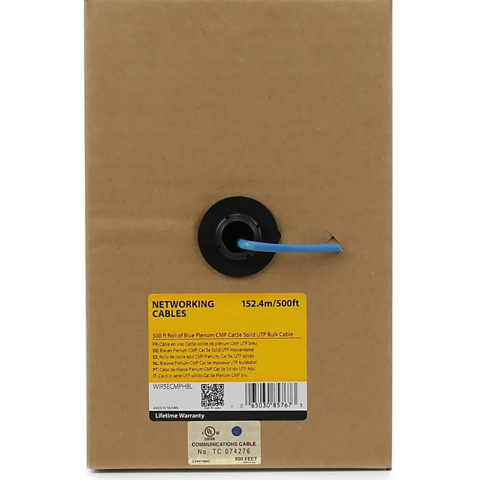 StarTech.com 1000 ft Roll of Blue Plenum CMP Cat5e Solid UTP Bulk Cable - Cat5e Bulk Cable - Cat5e Plenum Cable - WIR5ECMPBL