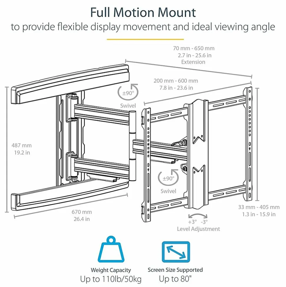 StarTech.com Full Motion TV Wall Mount - For up to 80" VESA Mount Displays - Articulating Arm - Steel - FPWARTS1