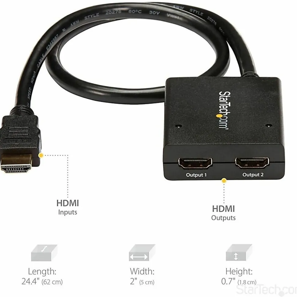 StarTech.com HDMI Splitter 1 In 2 Out - 4k 30Hz - 2 Port - Supports 3D video - Powered HDMI Splitter - HDMI Audio Splitter
