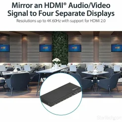 StarTech.com 4 Port HDMI Splitter - 4K 60Hz - 1x4 Way HDMI 2.0 Splitter - HDR - ST124HD202 - Displays the same image with sound on 4 screens