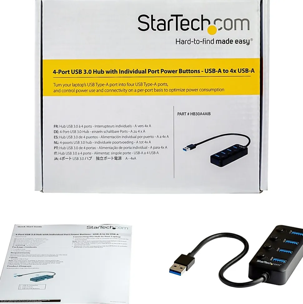 StarTech.com 4-Port USB 3.0 Hub - 4x USB-A Ports with Individual On/Off Switches - Bus-Powered USB Splitter - HB30A4AIB