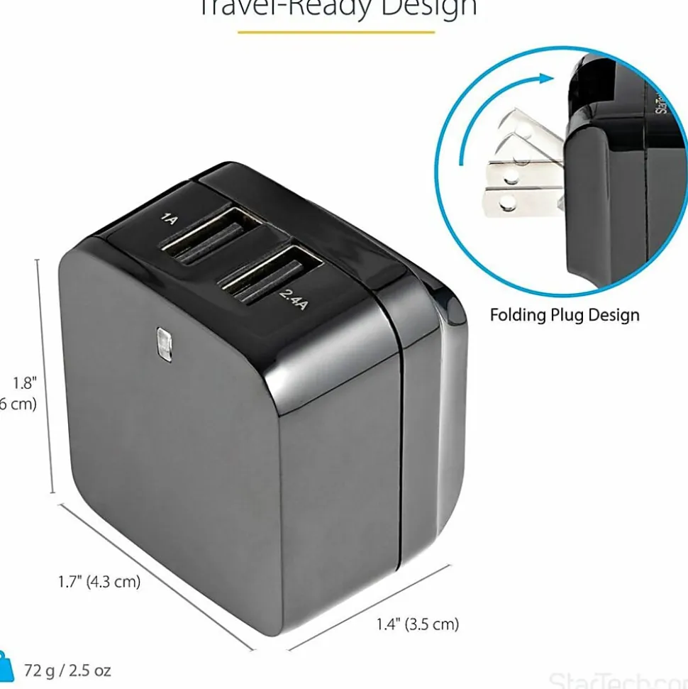 StarTech.com 2 Port USB Wall Charger, 17W Wall Charger Hub (2.4A & 1A port), Dual USB-A Power Adapter, Portable Charger for Phones/Tablets