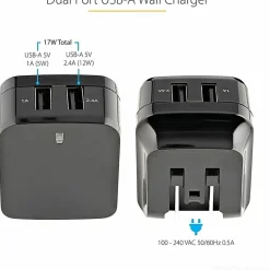 StarTech.com 2 Port USB Wall Charger, 17W Wall Charger Hub (2.4A & 1A port), Dual USB-A Power Adapter, Portable Charger for Phones/Tablets