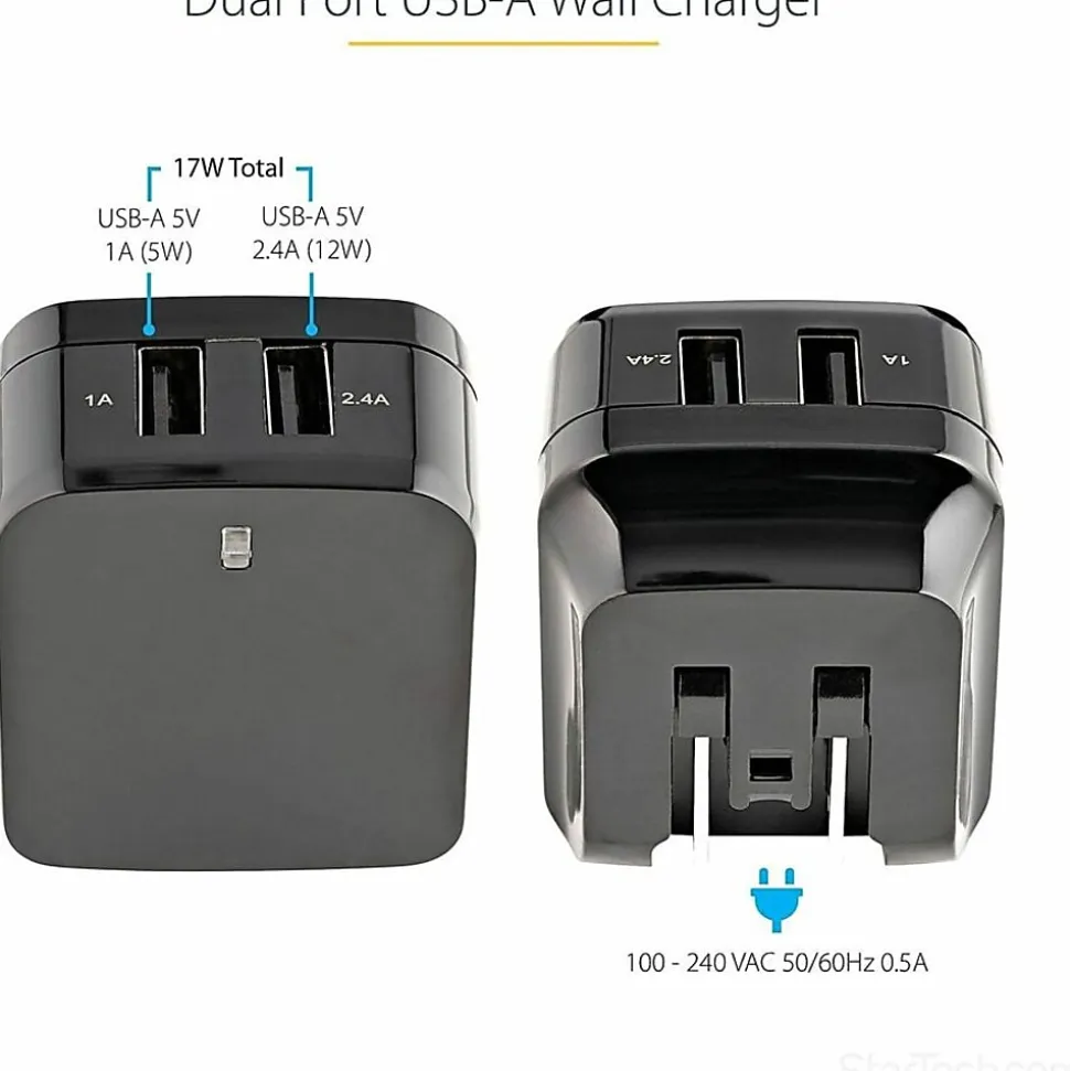 StarTech.com 2 Port USB Wall Charger, 17W Wall Charger Hub (2.4A & 1A port), Dual USB-A Power Adapter, Portable Charger for Phones/Tablets