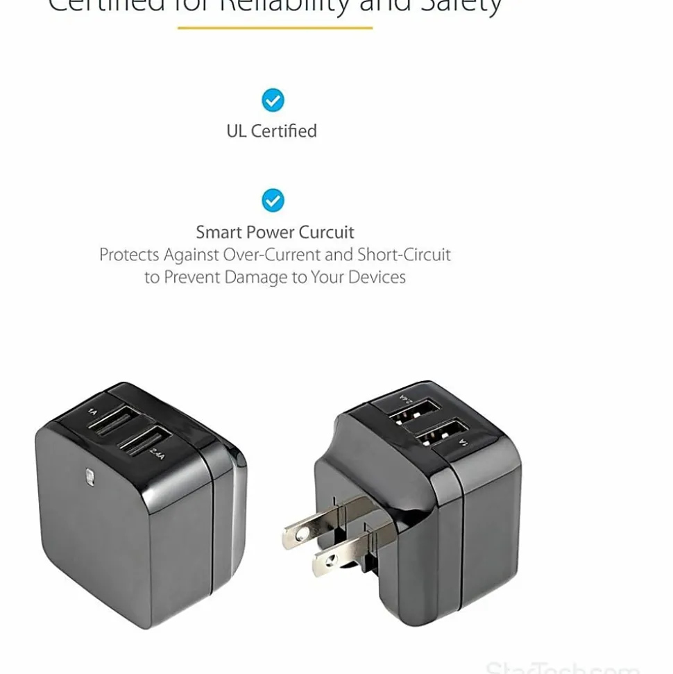 StarTech.com 2 Port USB Wall Charger, 17W Wall Charger Hub (2.4A & 1A port), Dual USB-A Power Adapter, Portable Charger for Phones/Tablets