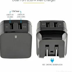 StarTech.com 2 Port USB Wall Charger, 17W Wall Charger Hub (2.4A & 1A port), Dual USB-A Power Adapter, Portable Charger for Phones/Tablets