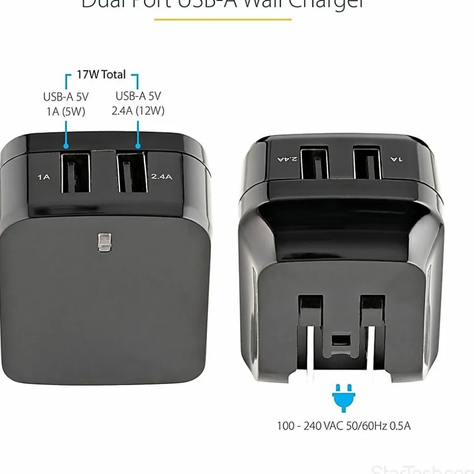 StarTech.com 2 Port USB Wall Charger, 17W Wall Charger Hub (2.4A & 1A port), Dual USB-A Power Adapter, Portable Charger for Phones/Tablets