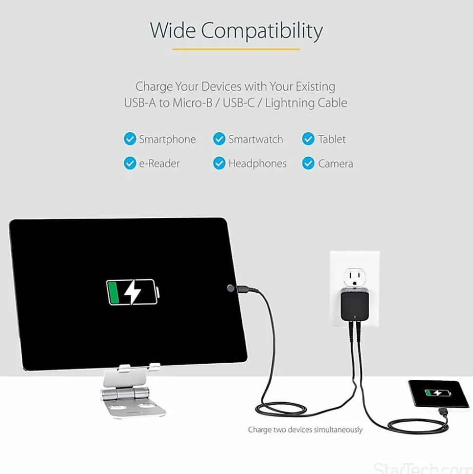 StarTech.com 2 Port USB Wall Charger, 17W Wall Charger Hub (2.4A & 1A port), Dual USB-A Power Adapter, Portable Charger for Phones/Tablets