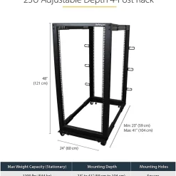 StarTech.com 25U Adjustable Depth Open Frame 4 Post Server Rack w/ Casters/Levelers and Cable Management Hooks - Â - 4POSTRACK25U
