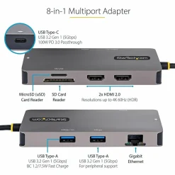 StarTech.com USB C Multiport Adapter, Dual HDMI, 4K 60Hz, 2x 5Gbps USB-A 3.1 Hub, 100W Power Delivery, GbE, SD/MicroSD, USB C Mini Dock
