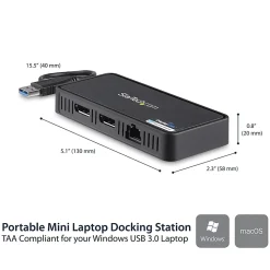 StarTech.com USB 3.0 Mini Dock - Dual Monitor USB Type-A Laptop Docking Station - DisplayPort 4K 60Hz & Gigabit Ethernet - 1' (30cm) cable