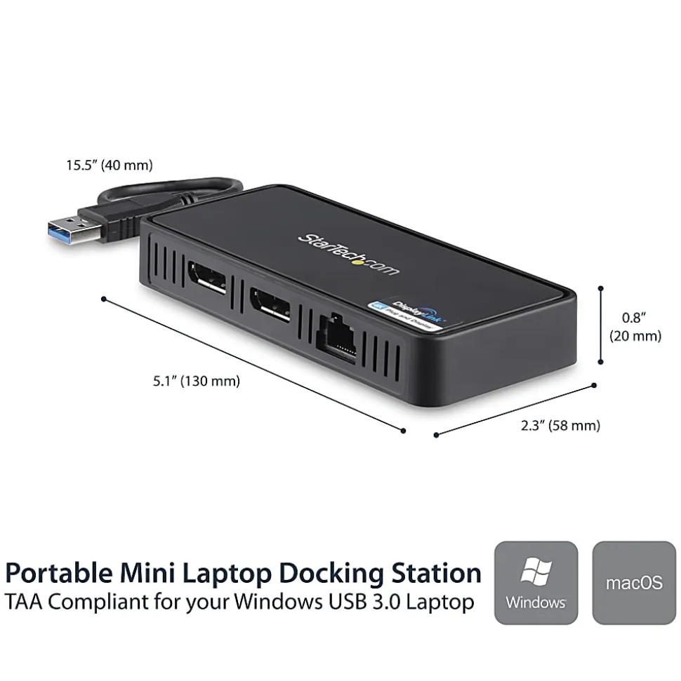 StarTech.com USB 3.0 Mini Dock - Dual Monitor USB Type-A Laptop Docking Station - DisplayPort 4K 60Hz & Gigabit Ethernet - 1' (30cm) cable