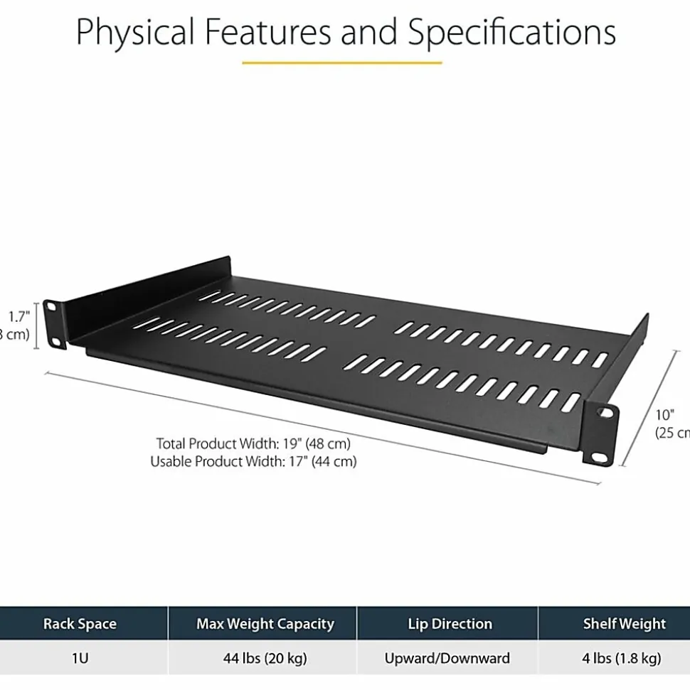 StarTech.com 1U Vented Server Rack Cabinet Shelf - Fixed 10in Deep Cantilever Rackmount Tray for 19" Data/AV/Network Enclosure w/Cage Nuts