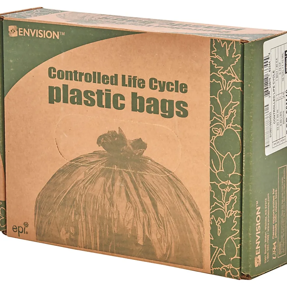Stout Controlled Life Cycle Trash Garbage Bags, 1.1 mil, 39 Gallon, Brown, Box Of 40