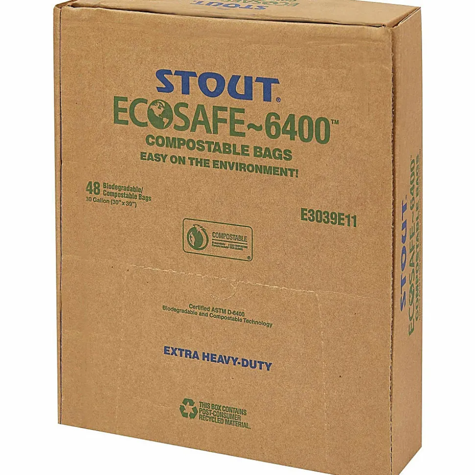 Stout® EcoSafe-6400 Compostable Compost Bags, 0.85 mil, 64-Gallon, Green, Box Of 30