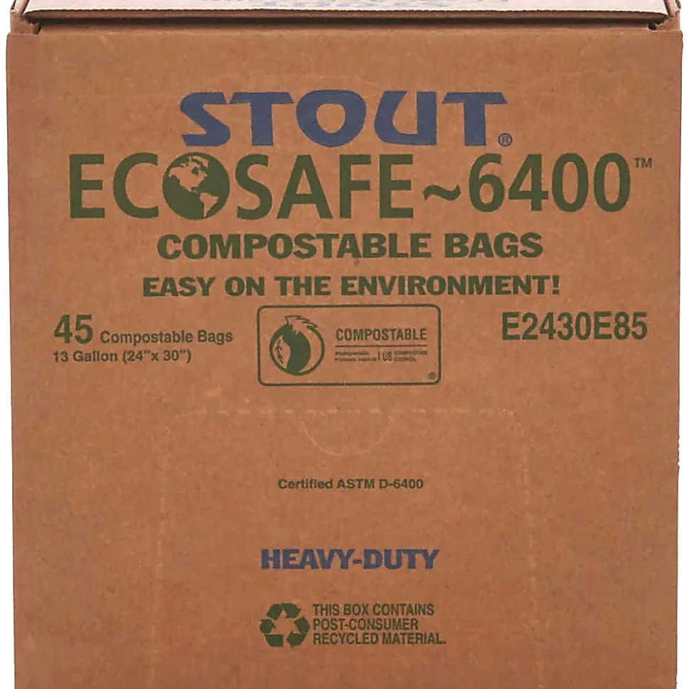 Stout EcoSafe 6400 Compostable Compost Bags, 0.85 mil, 13 Gallon, Green, Box Of 45