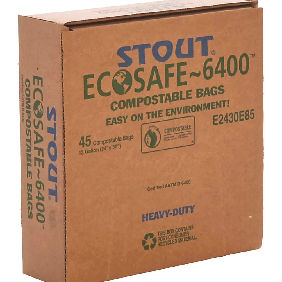 Stout EcoSafe 6400 Compostable Compost Bags, 0.85 mil, 13 Gallon, Green, Box Of 45