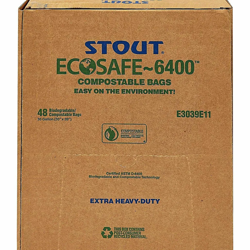 Stout EcoSafe 6400 Compostable Compost Bags, 0.85 mil, 13 Gallon, Green, Box Of 45