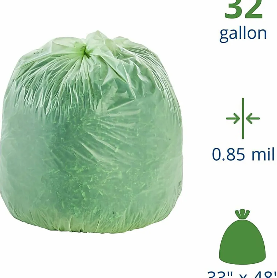 Stout® EcoSafe-6400 Compostable Compost Bags, 0.85 mil, 32-Gallon, Green, Box Of 50