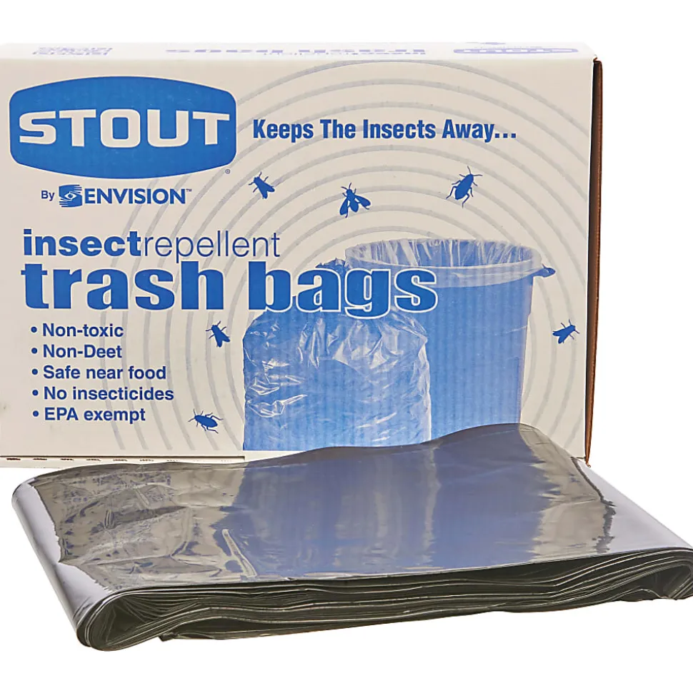 Stout® Pest-Guard™ 2.00-mil Insect Repellent Trash Bags, 55 Gallons, 37" x 52", Black, Box Of 65