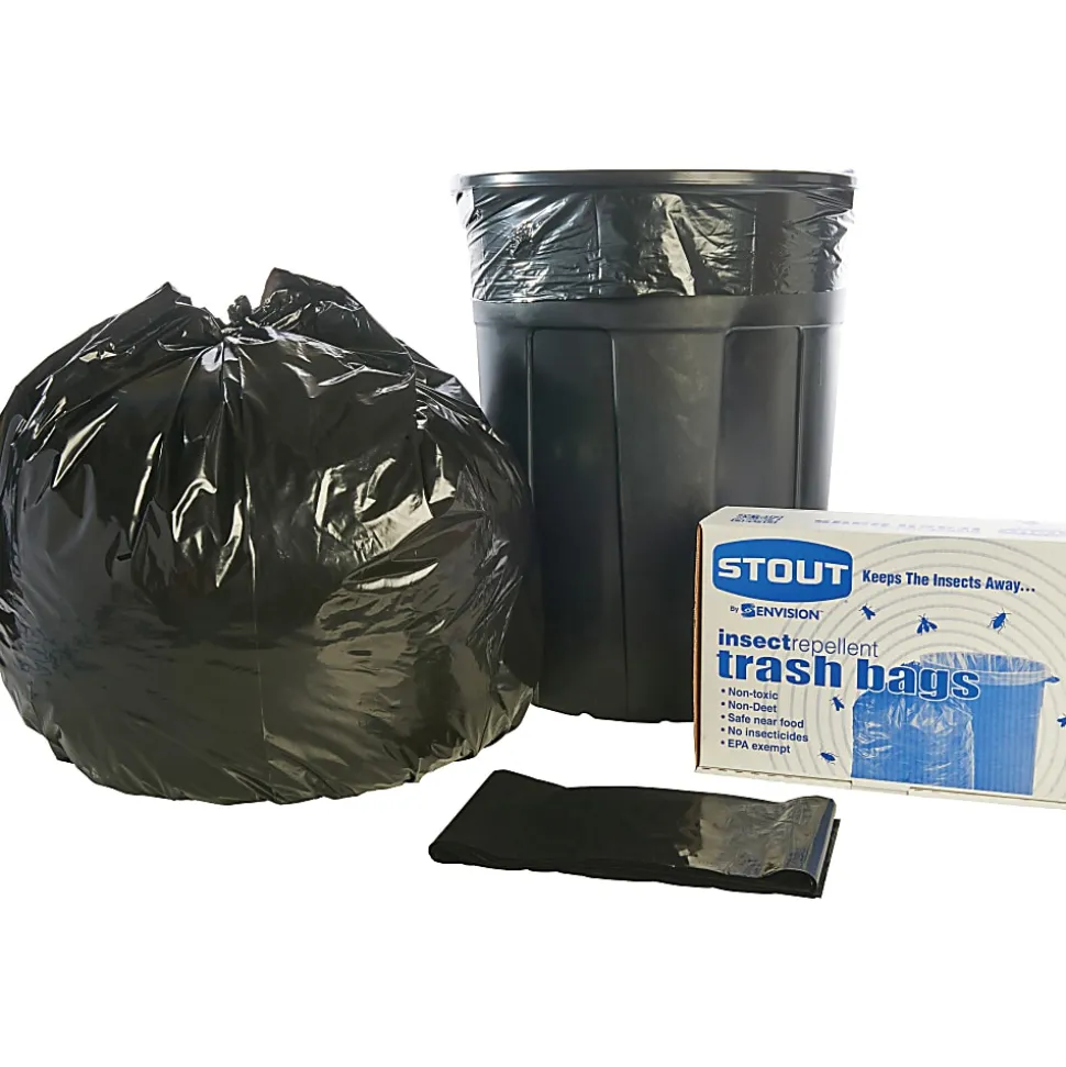 Stout® Pest-Guard™ 2.00-mil Insect Repellent Trash Bags, 55 Gallons, 37" x 52", Black, Box Of 65