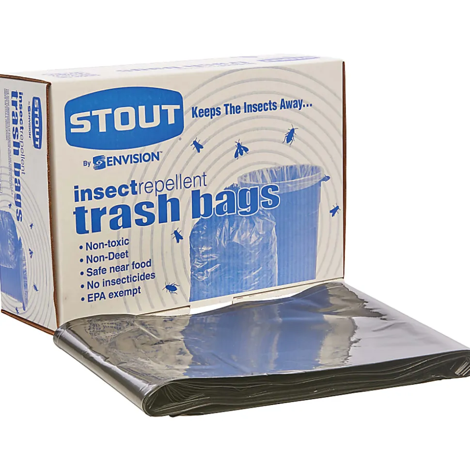 Stout® 33% Recycled Insect Repellent Trash Bags, 35 Gallons, 33" x 40", Black, Box Of 80