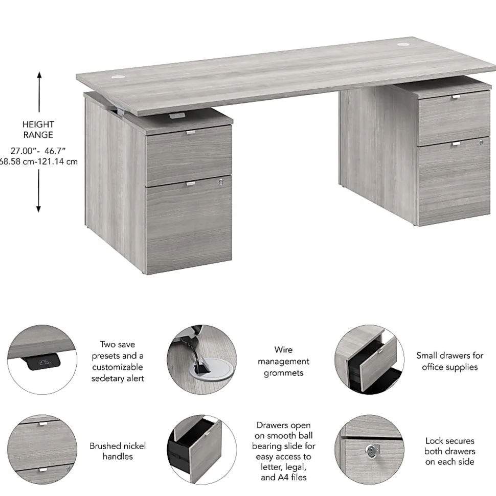 Stratus 72W x 30D Electric Height Adjustable Standing Desk with Drawers, Platinum Gray, Standard Delivery
