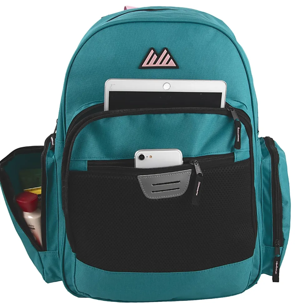 Summit Ridge Multi-Pocket Reflective Collegiate Backpacks With 45-Piece School Supply Kits, Pink/Teal, Total Qty 24