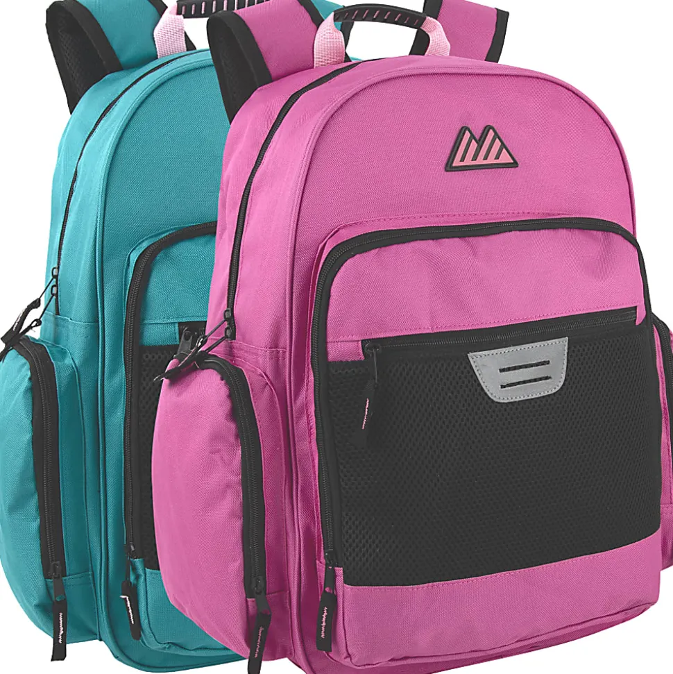 Summit Ridge Multi-Pocket Reflective Collegiate Backpacks With 45-Piece School Supply Kits, Pink/Teal, Total Qty 24