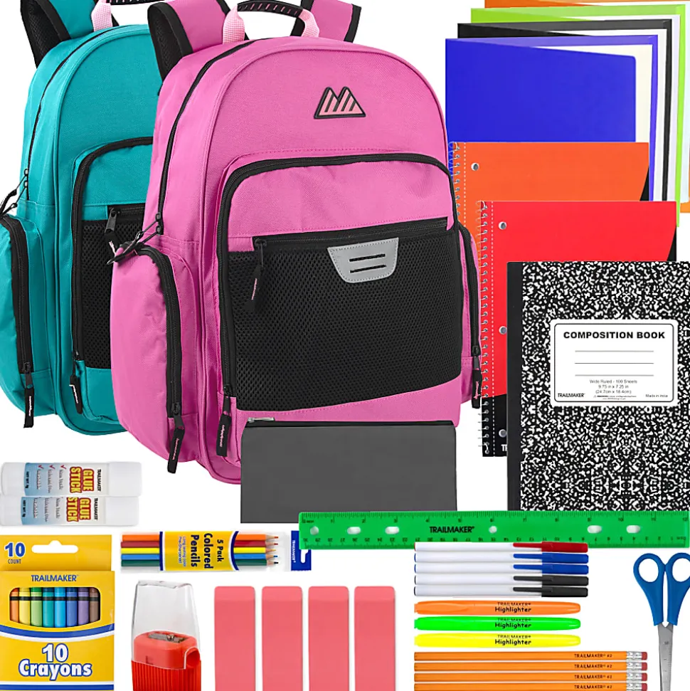 Summit Ridge Multi-Pocket Reflective Collegiate Backpacks With 45-Piece School Supply Kits, Pink/Teal, Total Qty 24