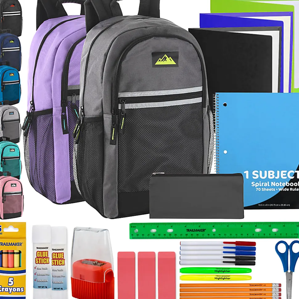 Summit Ridge Multi-Pocket Reflective Backpacks With 30-Piece School Supply Kits, Assorted Colors, Total Qty 12
